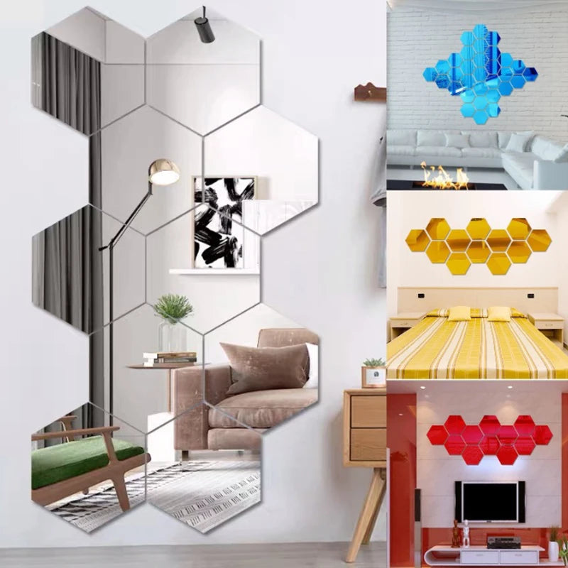 6/12pcs 3D Hexagon Mirror Wall Stickers