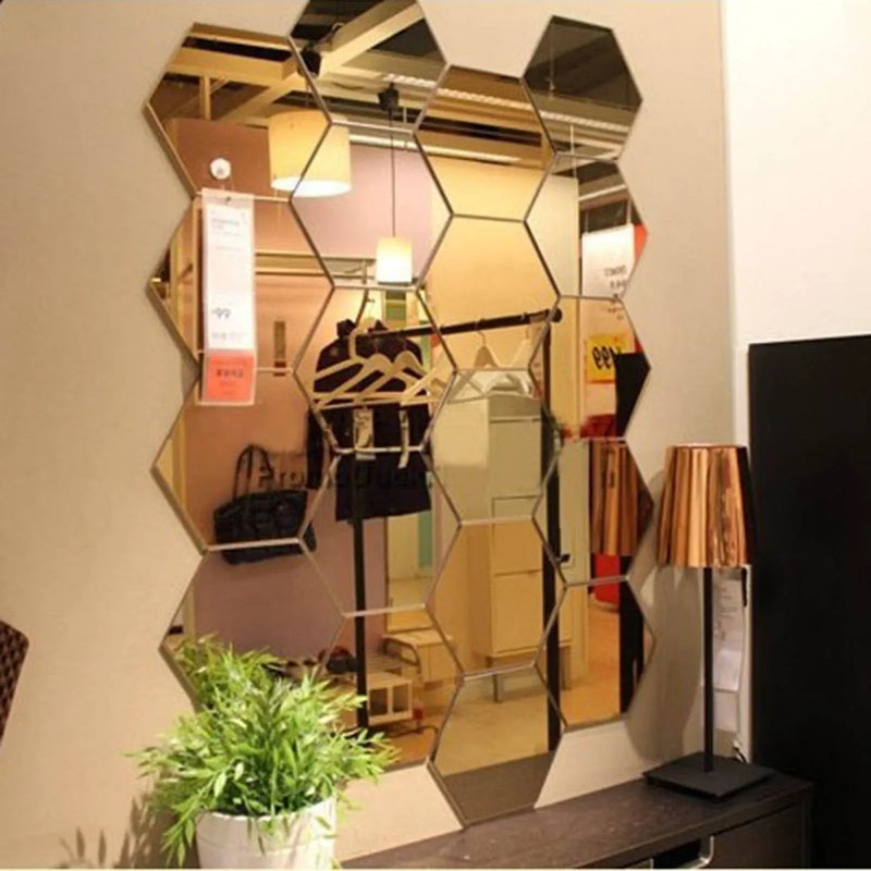 6/12pcs 3D Hexagon Mirror Wall Stickers